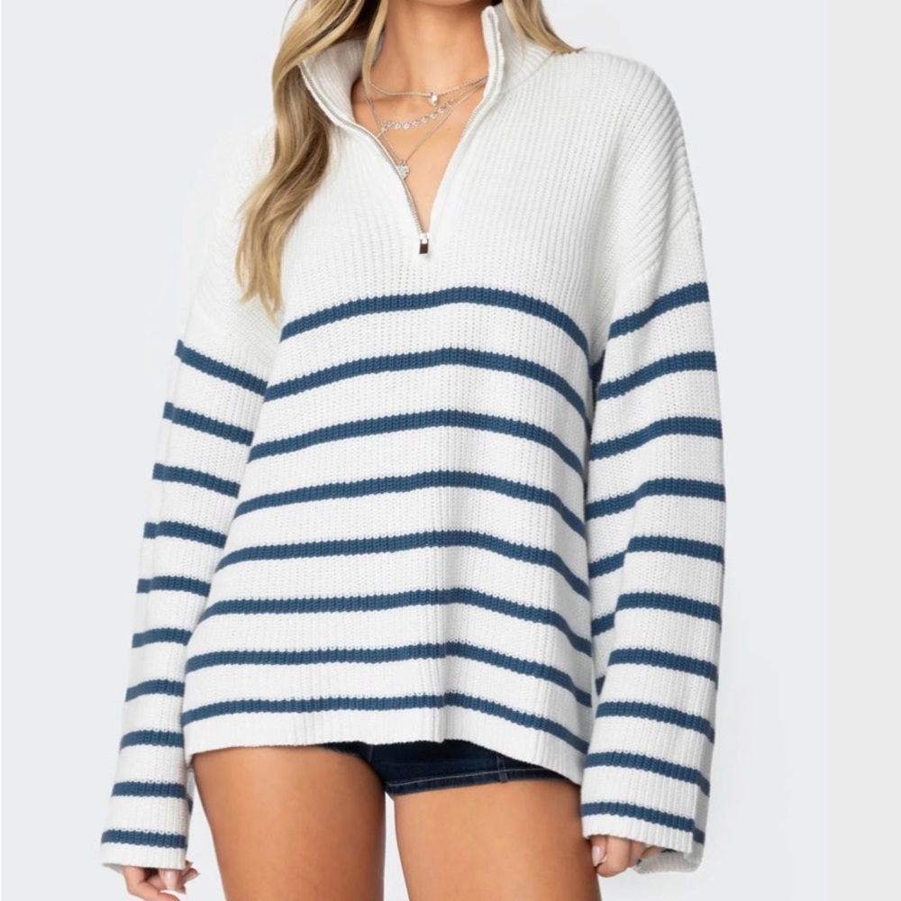 Striped Half-Zip Sweater - White and Blue